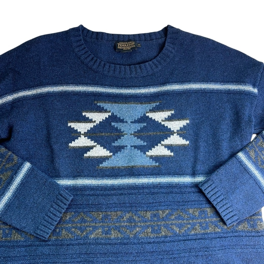 Pendleton Men’s Medium 100% Lambswool Blue/Tan Aztec Southwestern Print Sweater